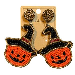 Halloween Earrings Beaded Pumpkin‎ Witch Hat Gold Tone Dangle Drop Seed Bead New